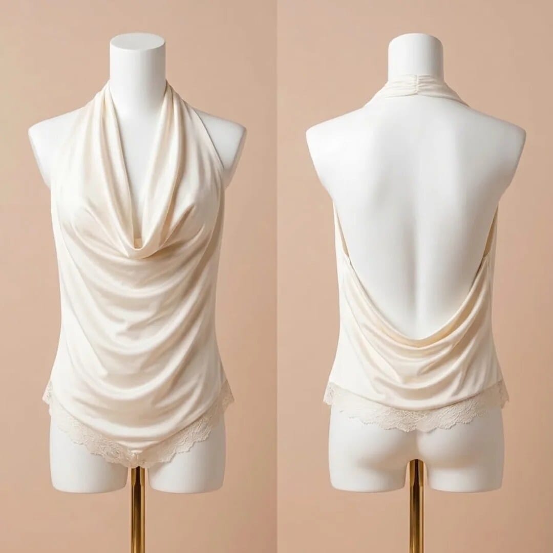 Blusa crema con cuello drapeado y espalda abierta, frente y espalda sobre maniquí