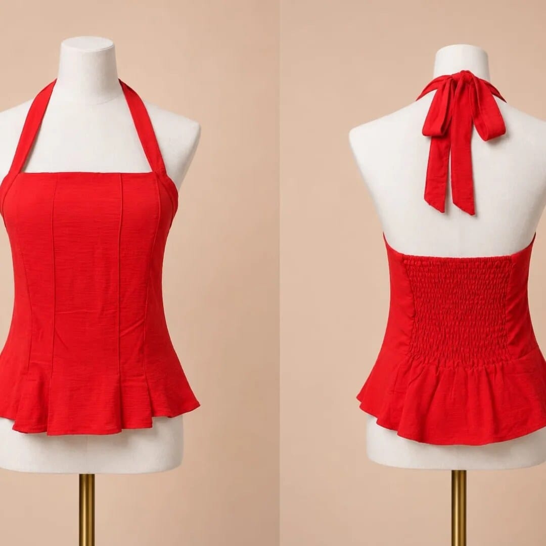 Blusa roja halter con peplum, frente y espalda sobre maniquí
