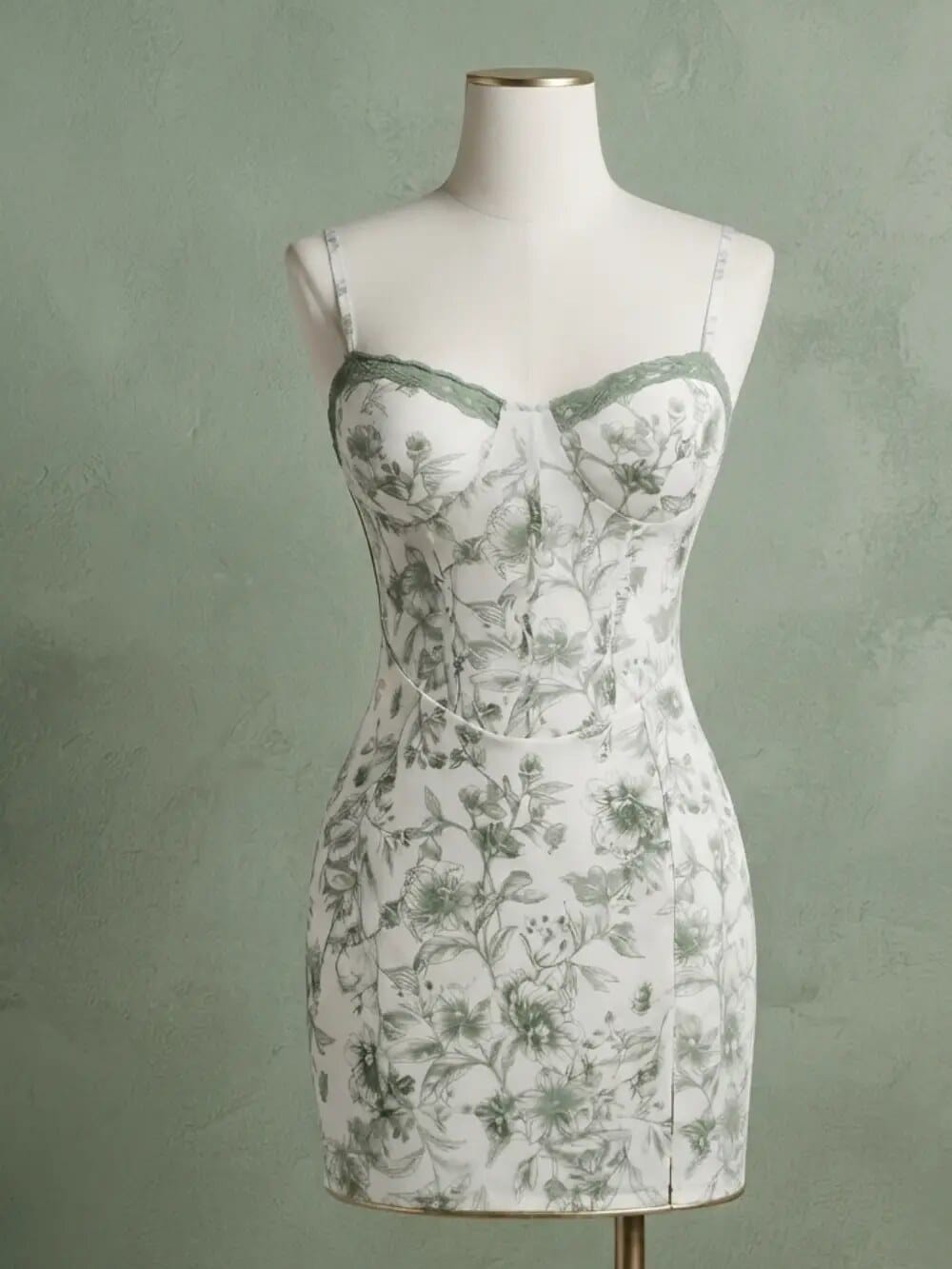 Vestido corto floral verde salvia con corsé sobre maniquí
